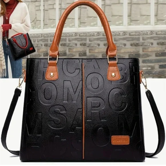 Perfect Lily Black Vegan Leather Tote with Brown Handles & Strap NIP - Picture 2 of 11